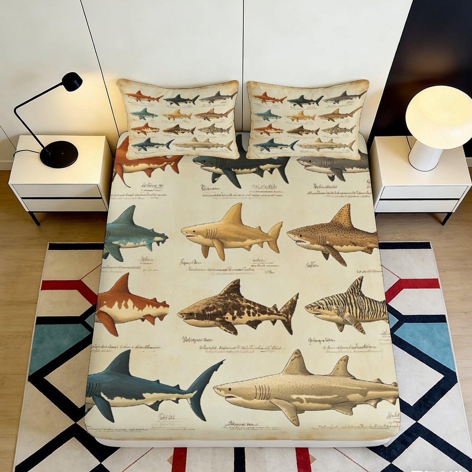 3D Printed Shark Illustration Fitted Sheet Microfiber Soft Breathable Ocean Fish Mattress Cover for Bedroom Dorm Mattress Protector Decor 90x200x25cm