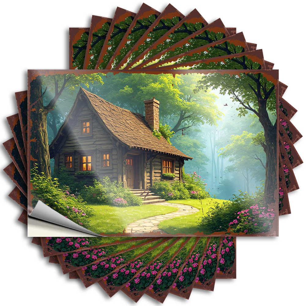 Decals Desk Decor for Men Easy Apply | A Cozy Cabin Nestled in A Lush, Enchanted Forest Cute Cover Peel and Stick(6X9CM)