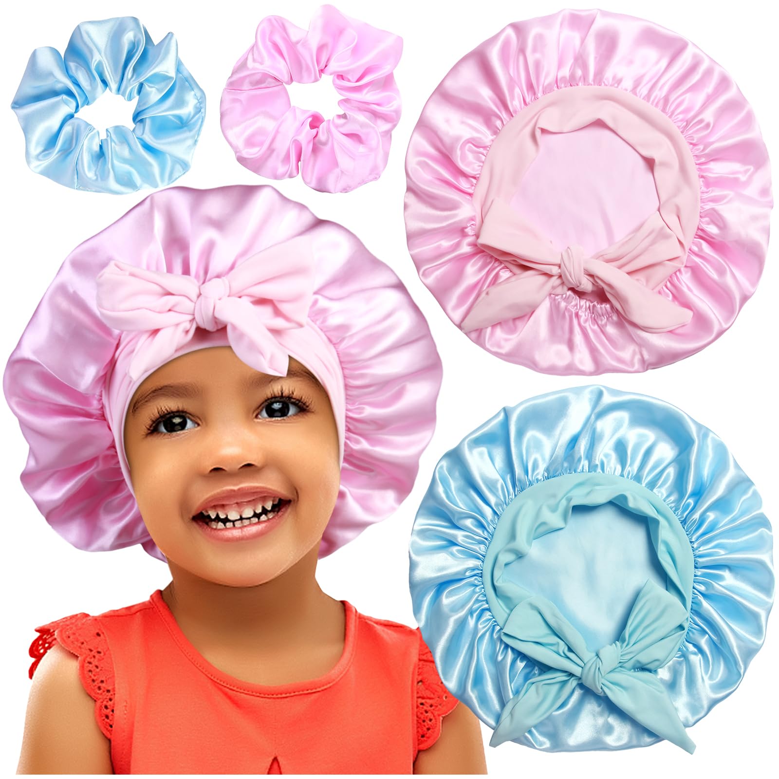 2+2 Satin Bonnets with Scrunchies for Kids, Cute Hair Bonnets for Girls Sleeping Curly Hair, C
