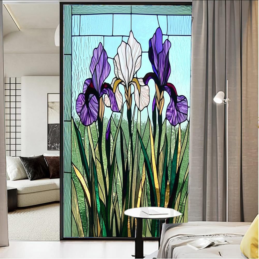 Beautiful Flower Stained Glass Window Stickers Modern Garden Texture Plant Bouquet Privacy Window Film Glass Door Covering Self-Adhesive Decals for Bathroom Kitchen 23.6Wx35.4L inch