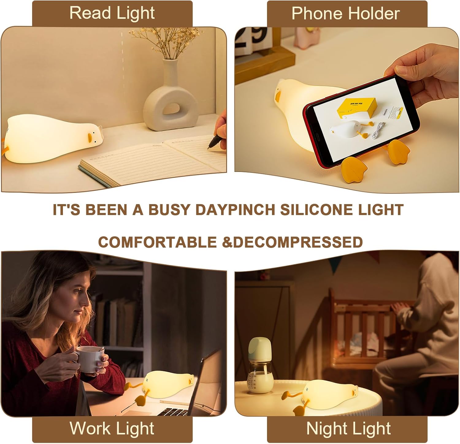 Lying Flat Duck Night Light, Dimmable Silicone Duck Lamp with Phone Stand, Rechargeable Touch Bedside Nursery Light, 3000K Warm Glow, BPA-Free Cute Duck Decor for Breastfeeding & Kids
