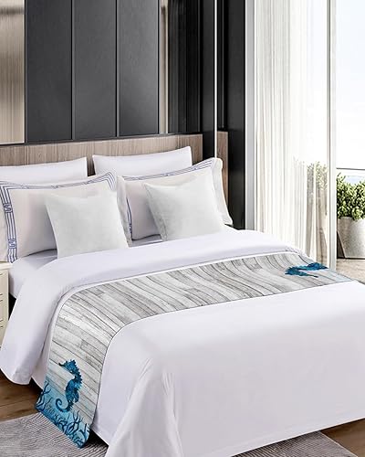 Miniatura 3 de Camino de cama Queen azul océano con caballito de mar coral, bufandas decorativas, criaturas submarinas, alfombra de cama suave de grano de madera