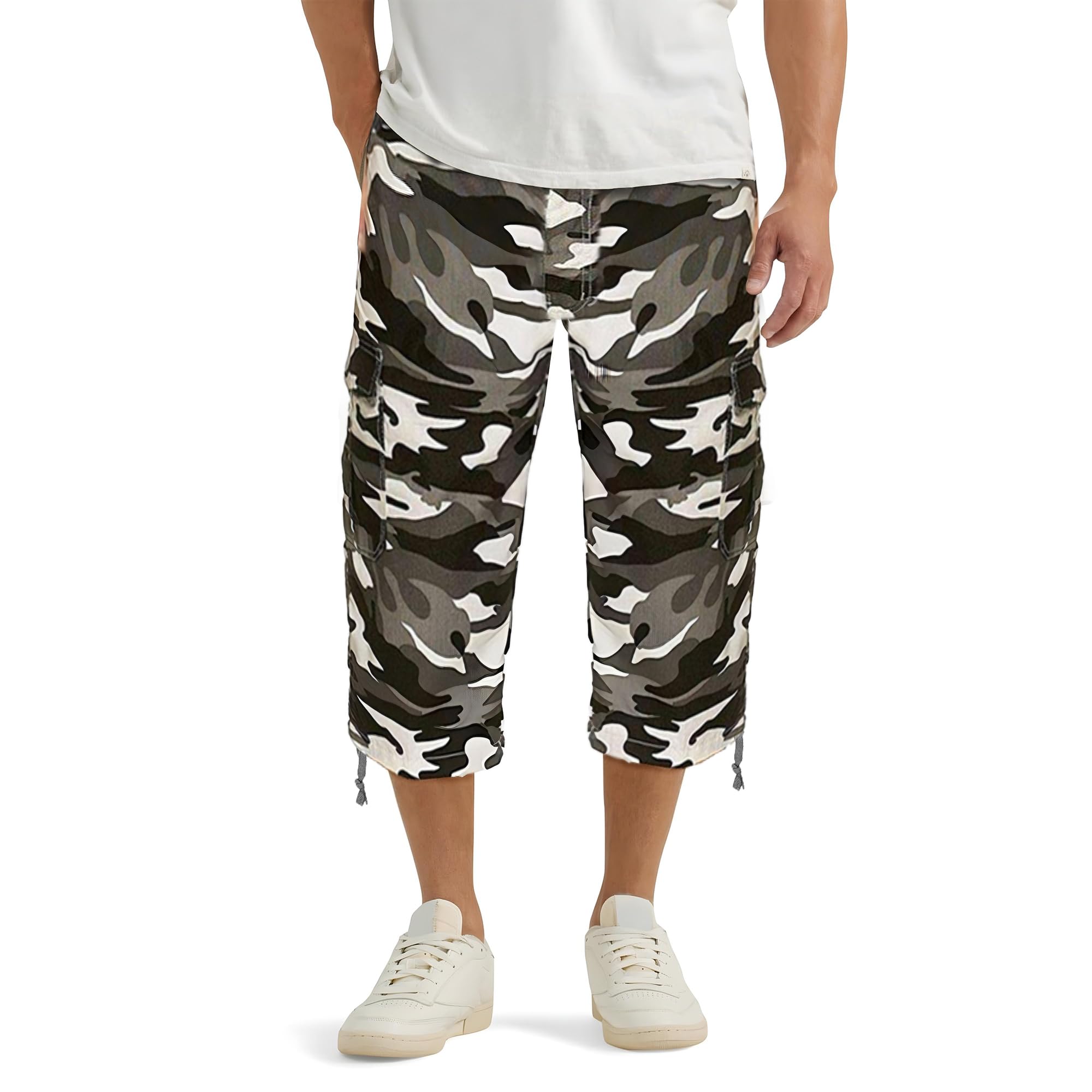 Ga Communications Men's Camo Grey Camouflage Shorts Elasticated Waist 3/4 Cargo Combat Pocket Summer Trousers[,Xxl]