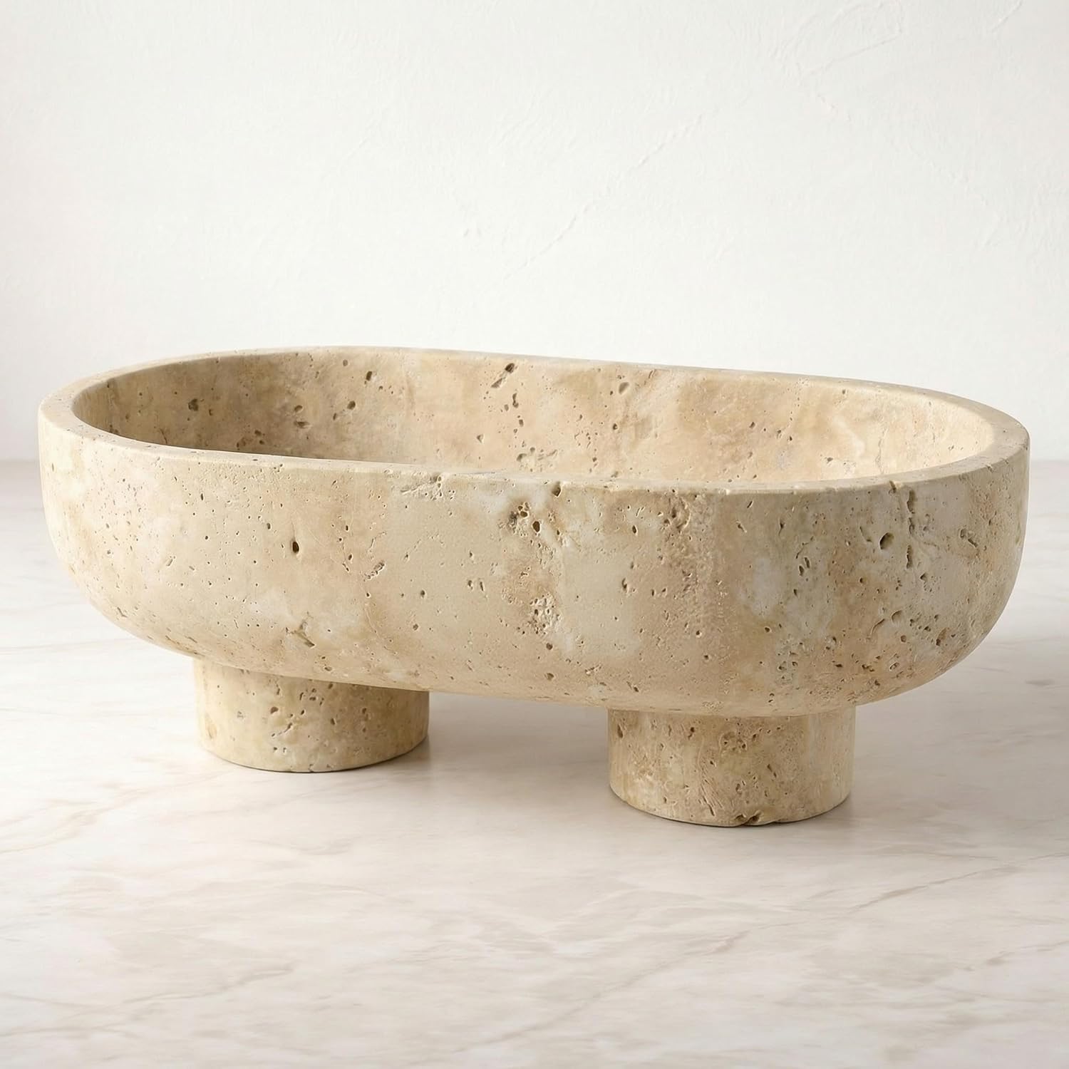 Natural Travertine Fruit Bowl with Stand, Island Centerpiece Kitchen Decor, Key Bowl for Entryway Table, Decorative Modern Organic Home Entry Large Bowls for Keys 10" Food Safe FDA
