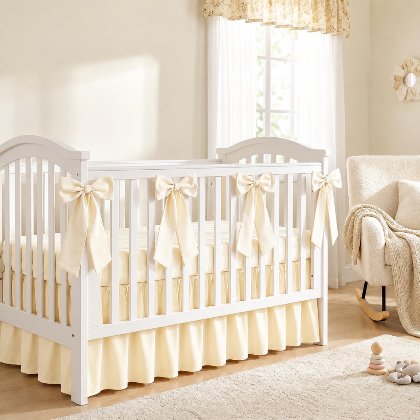 Smoothnovelty Beige Crib Bed Skirts with 4 Large Cot Bow 28" x 52",14" Drop