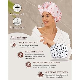 2Pcs Shower Caps for Women Shower Cap Reusable Waterproof Hair Cap for Shower with Adjustable Bowknot Luxury Bath Cap for Women (Black Dot & Pink Dot)