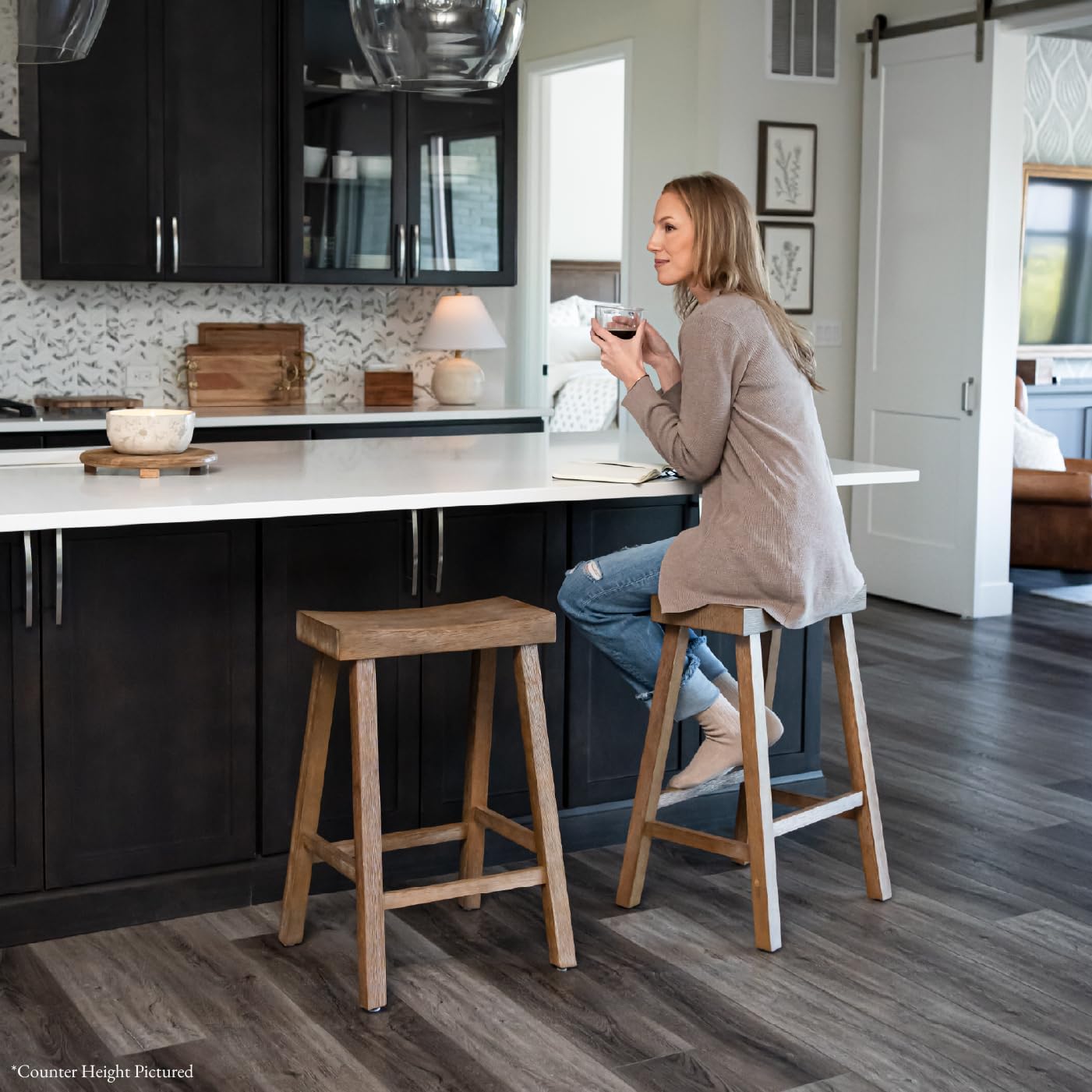 Maven Lane Vincent Bar Stool – 31 Inches – Rectangular Stool with Footrest – Natural Solid Wood – Space-Saving Design for Breakfast Bars & Tall Counters