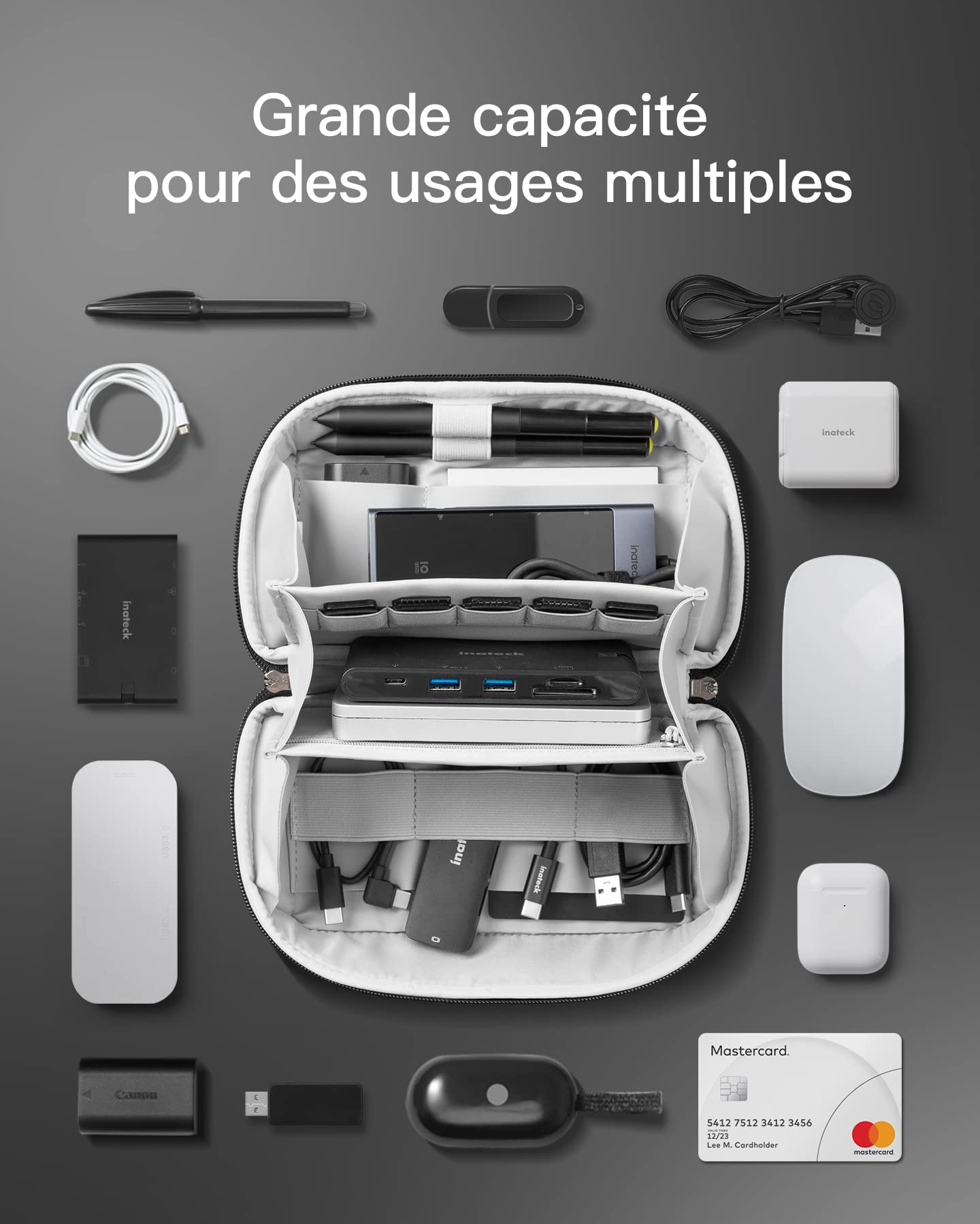 Inateck Petit Sac de Rangement pour câbles, Mini Organisateur d'accessoires électroniques avec poignée, résistant aux éclaboussures étui de Transport, AB03007-S Noir