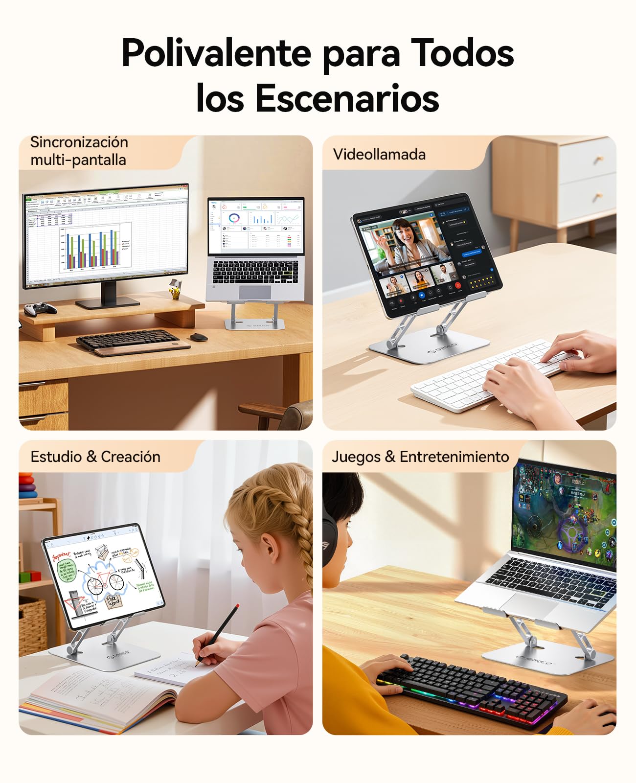 ORICO Soporte Portátil Ajustable Plegable, Laptop Stand de Aluminio Ergonómico y Ventilado, Elevador Portatil Escritorio Compatible con MacBook Air, Pro y Portátiles de 10-17" – ST11, Plata