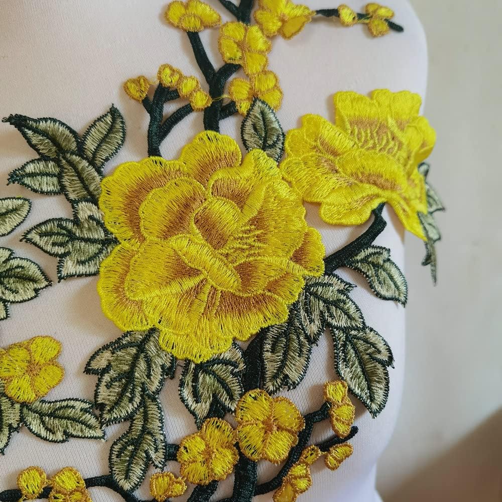 2pcs Flowers Embroidered Patch Sticker for Clothing Jacket Jeans Lace Applique DIY Clothes Decorations Fabric Patches (Yellow)