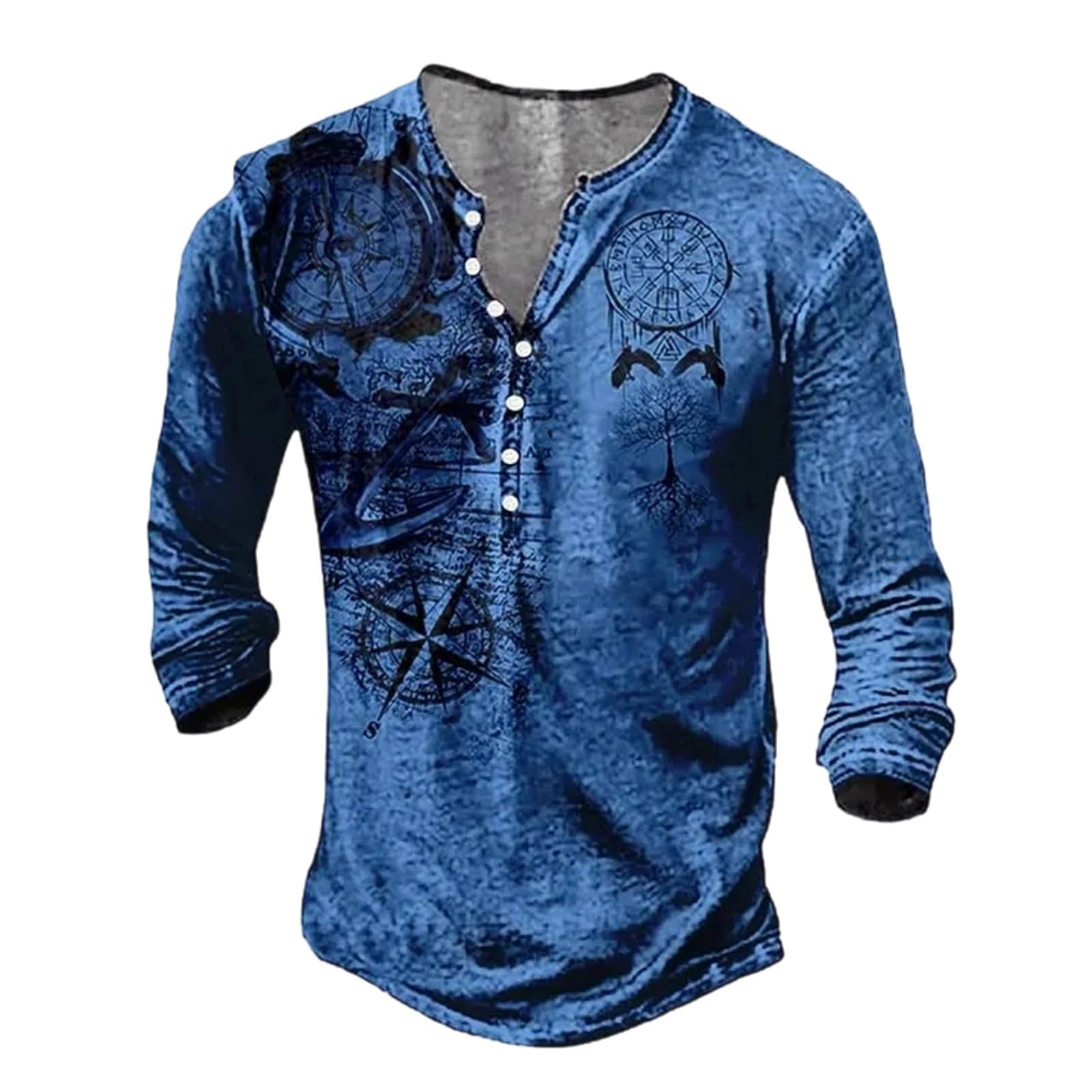 Men's Gothic Nordic Mythology T Shirts Retro Printed V Neck Lace Up Long Sleeve Pullover Vintage Distressed Henley Shirt Top Street Tshirt Sports Shirt, N Blue, L