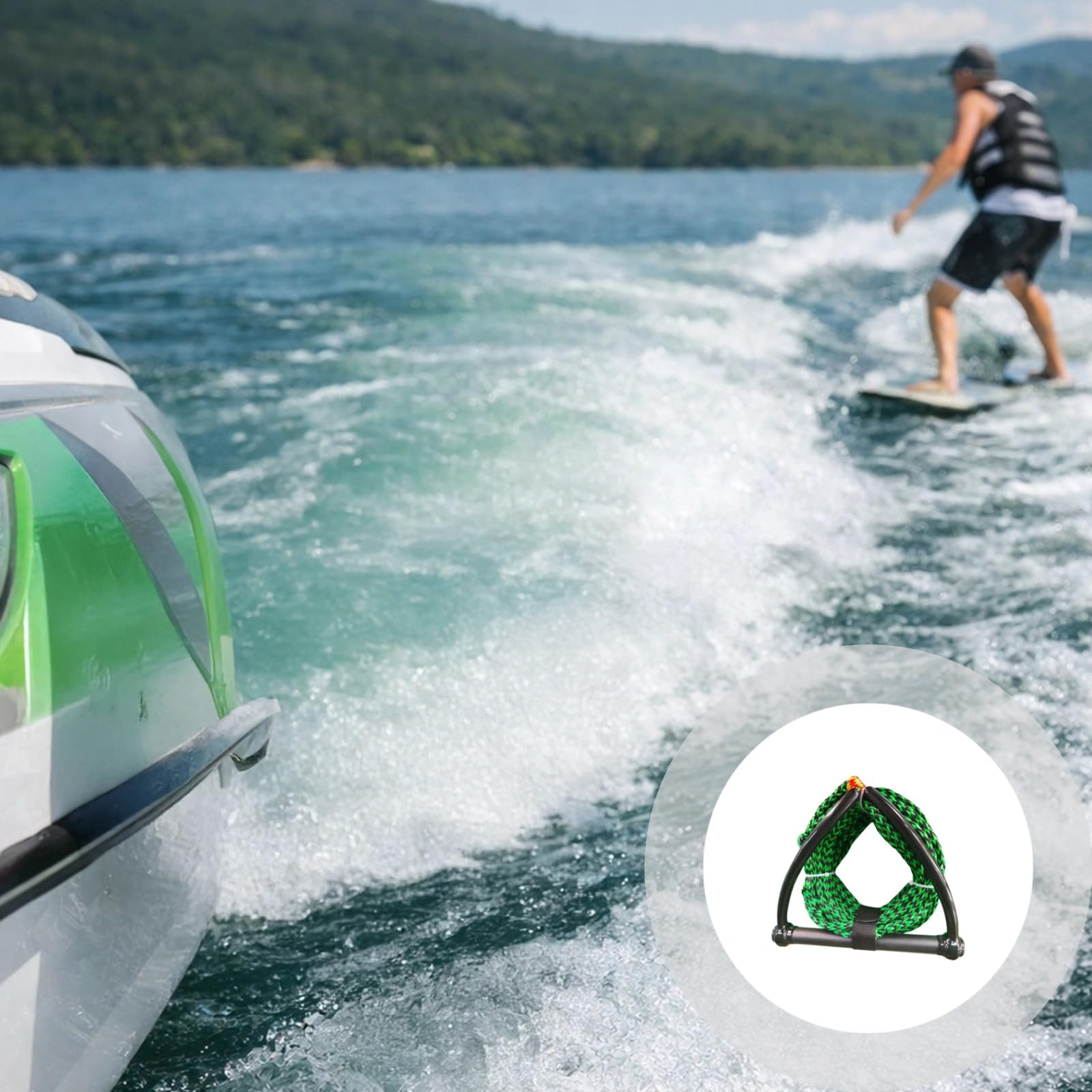 Wasserski-Seil mit Griff, 75,5 ft / 23 m, grünes Wakeboard-Schleppseil aus Nylon für Motorboot, Antirutsch-Griff aus Metall, geeignet für Kneeboarding, Wakeboarding und Wakesurfing