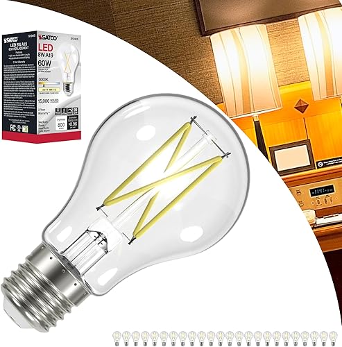 Satco S12415 - Bombilla LED transparente A19 de 8 W, blanco suave de 3000 K, 800 lúmenes, 90 CRI, base E26 media, regulable, 120 V, equivalente a 60