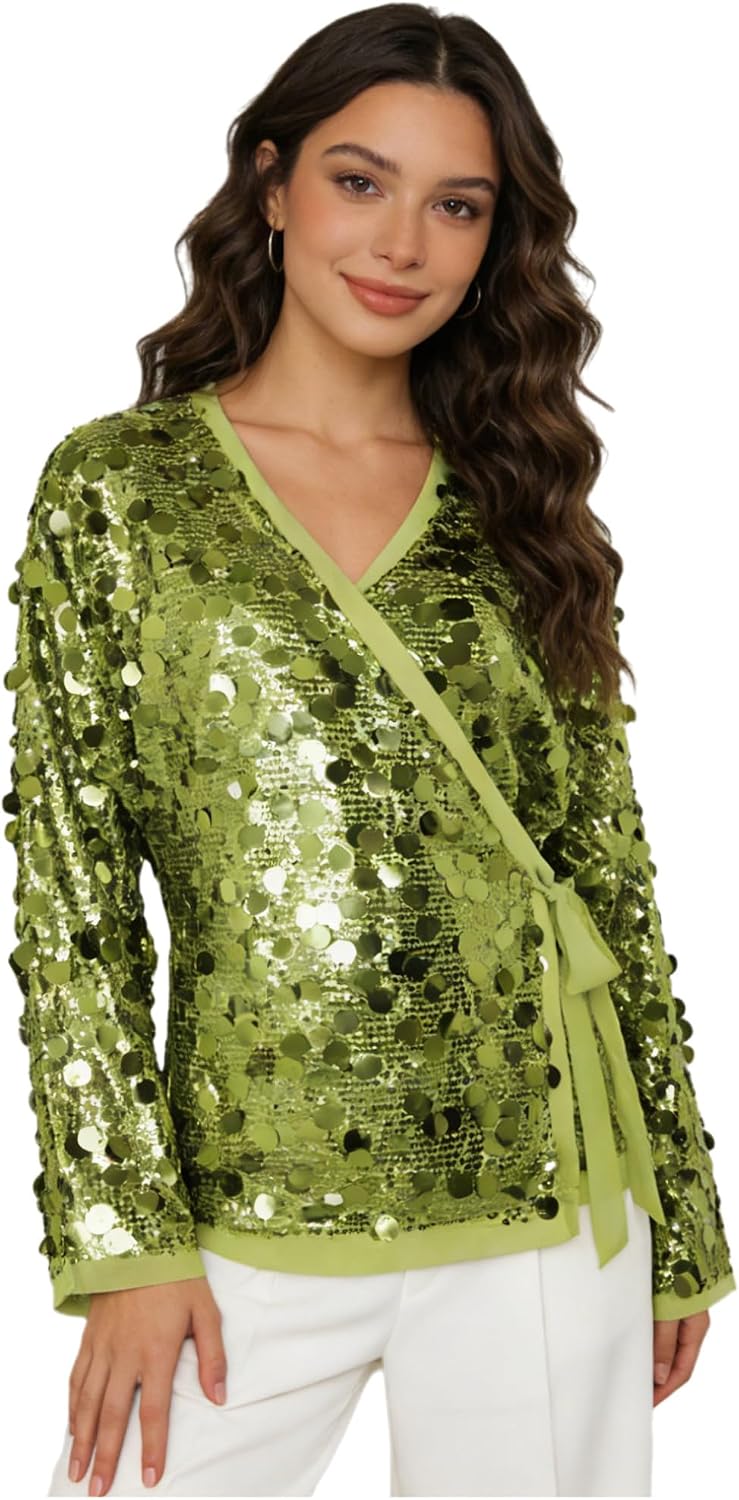 renvena Womens Sequin Dance Top Long Sleeve Wrap V Neck Cardigan Jacket for Disco Concert Evening Party