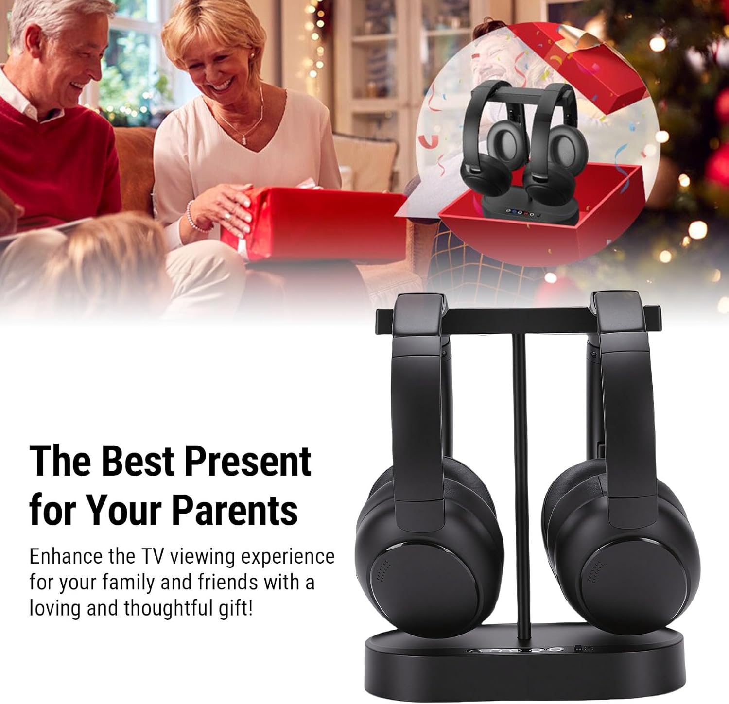 CCYLEZ Dual Wireless Headphones for TV & Seniors, 2.4G Low Latency System with Optical/AUX/Bluetooth, 40H Battery for Night Watching, for Hearing Impaired & Couples