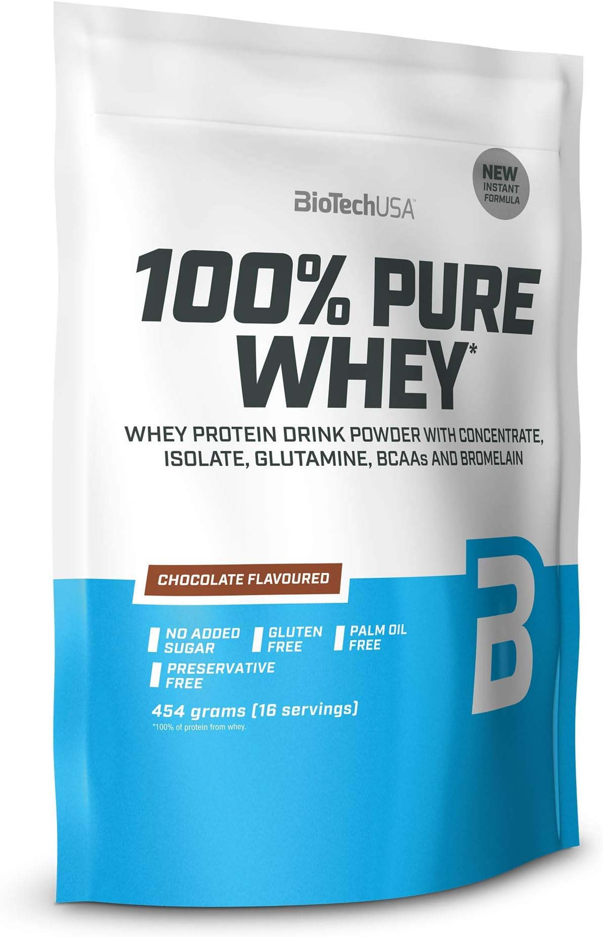 BioTechUSA 100% Pure Whey Protein Complex with bromelain Enzyme, Amino acids, sweeteners and no Added Sugar, Palm Oil Free, 454 g, Chocolate