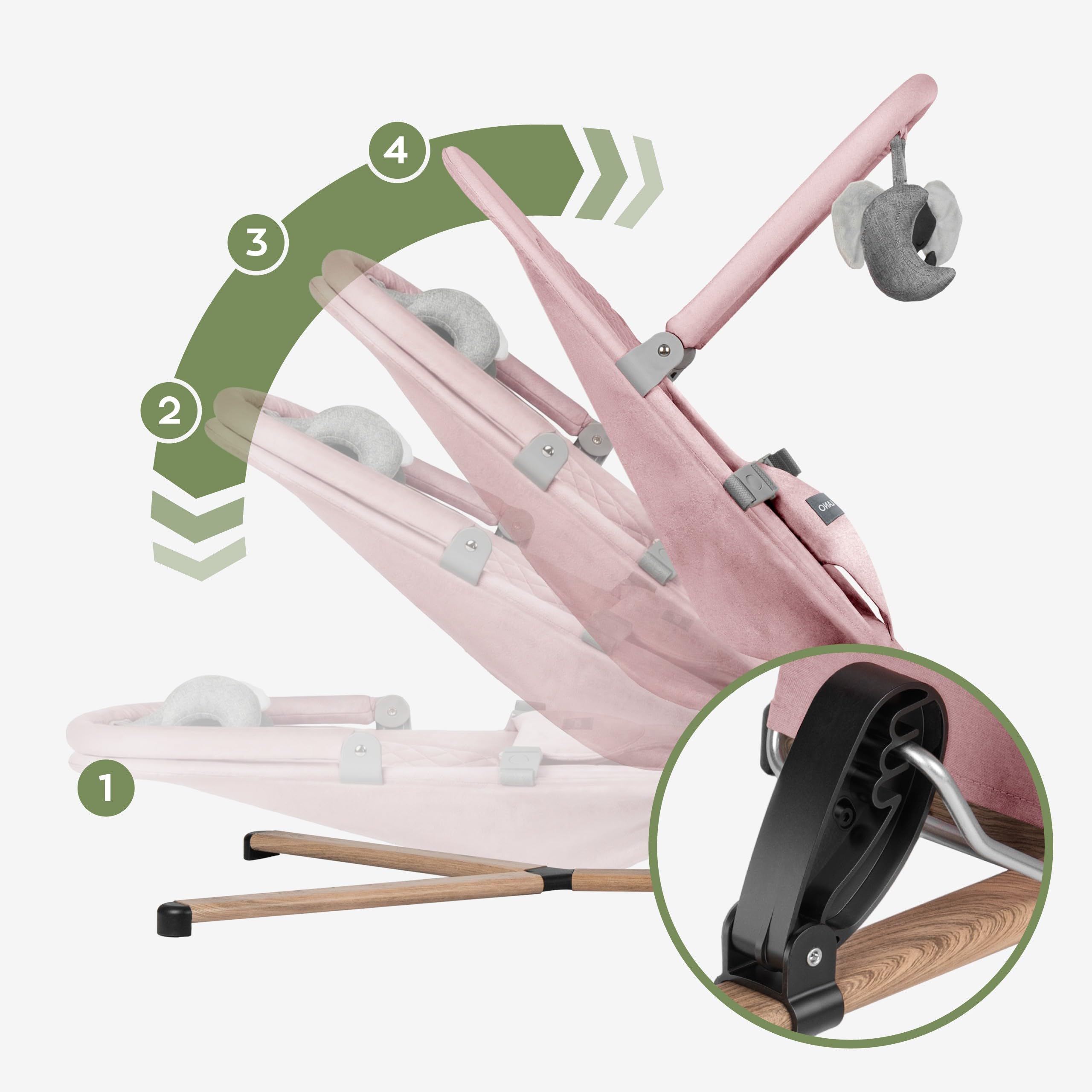 TULANO Moon 30 Ergonomiczne leżaki dla niemowląt z łukiem do zabawy, naturalne kołysanie bez prądu, regulowane i składane oparcie, 3-punktowa uprząż dla dzieci, bardzo miękka i oddychająca - różowa