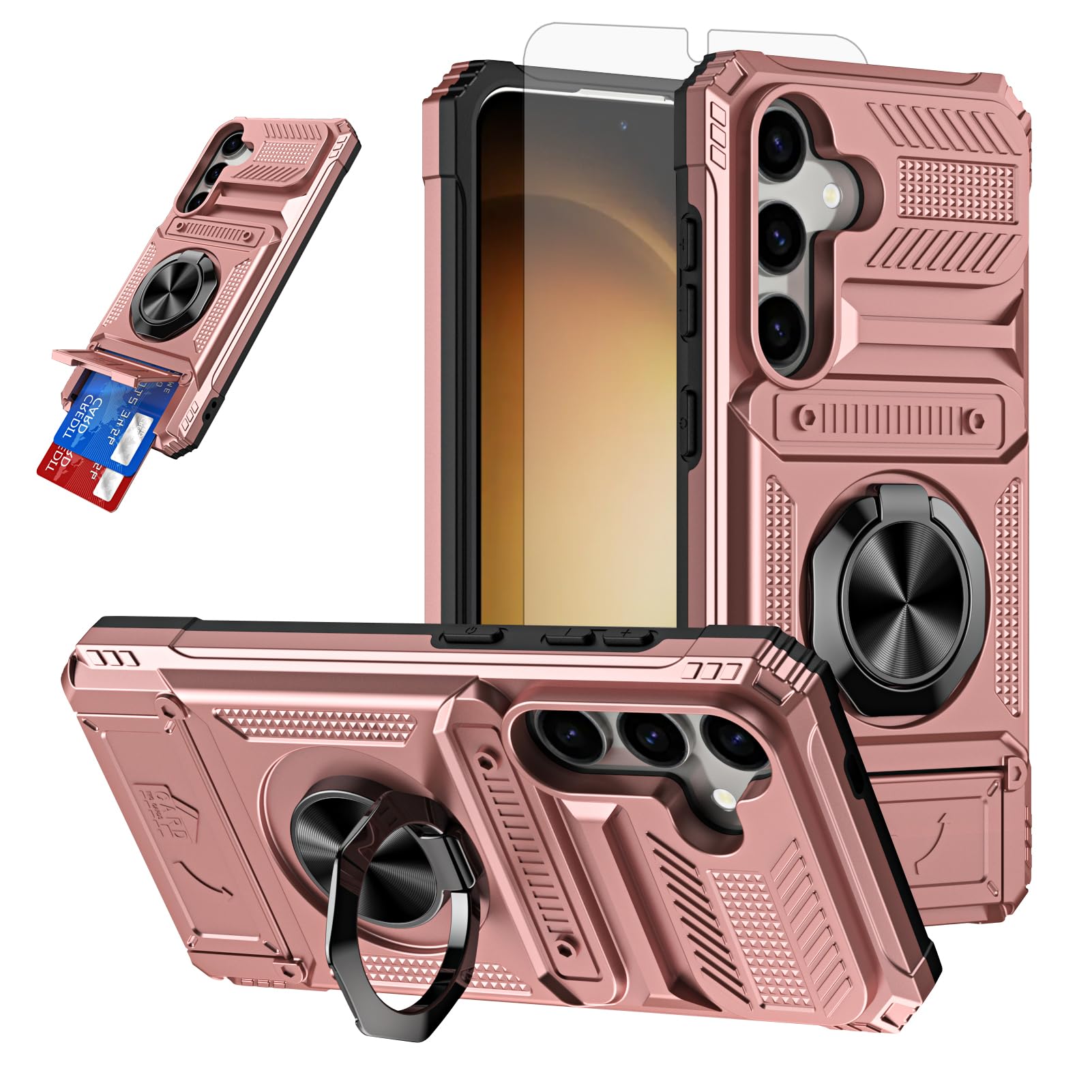 Furiet Phone Case for Samsung Galaxy S24 Plus/S25 Plus S24+ S25+ 5G with Tempered Glass Screen Protector Card Slots Ring Stand Two Layer Defender for