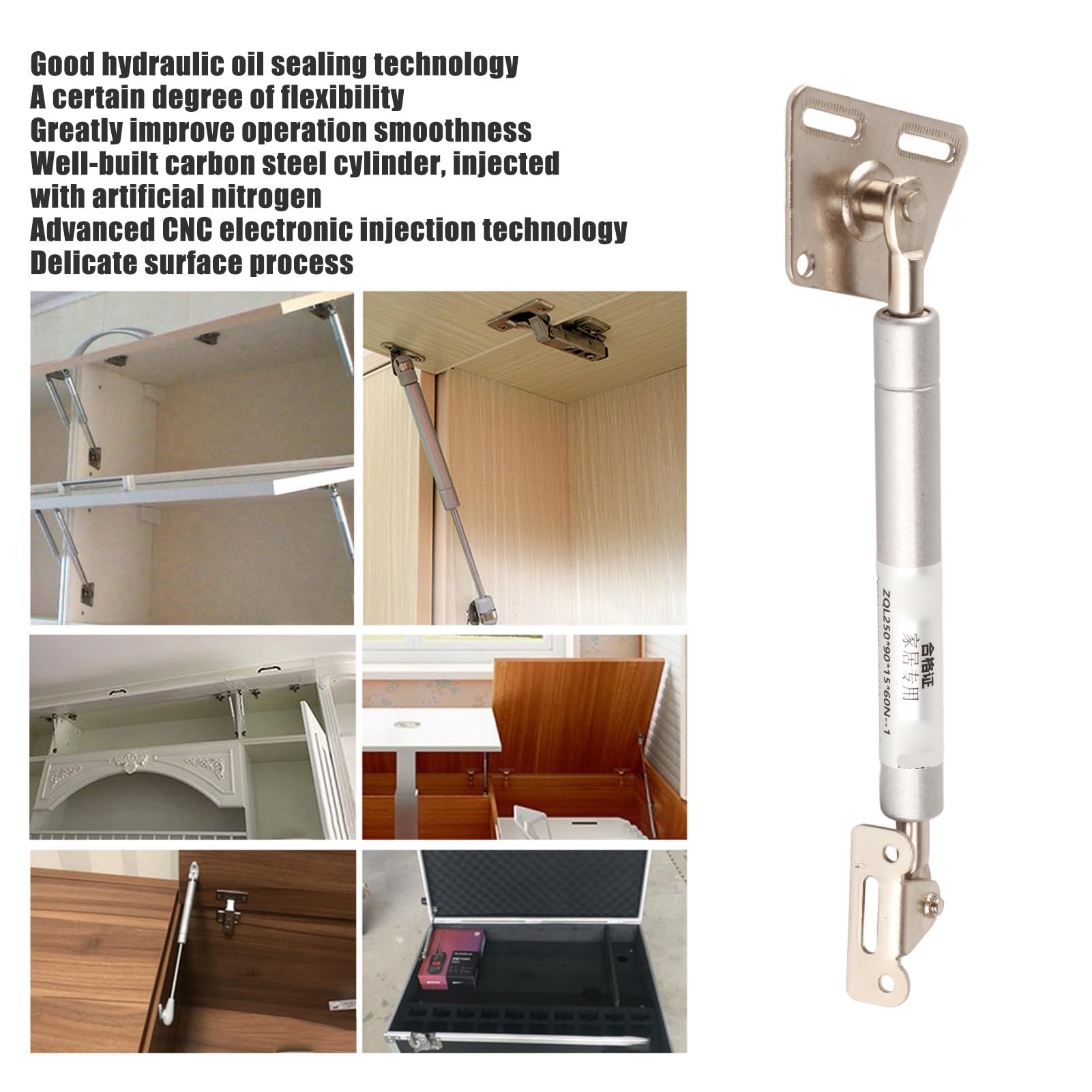 Hydraulic Support Rod, ZQL250x90x15 Opening Pneumatic Gas Strut Spring Large Square Piece Joint for Heavy Duty Door Cabinet Boat Lid (60N)
