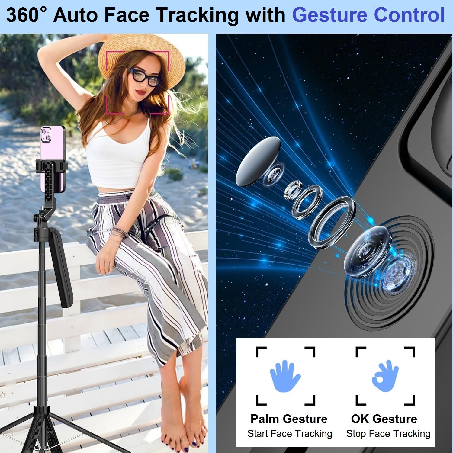 Treppiede per selfie con rilevamento automatico del viso, rotazione a 360°, supporto per telefono estensibile da 71 pollici, sensore di movimento, treppiede per telefono, supporto per fotocamera, per