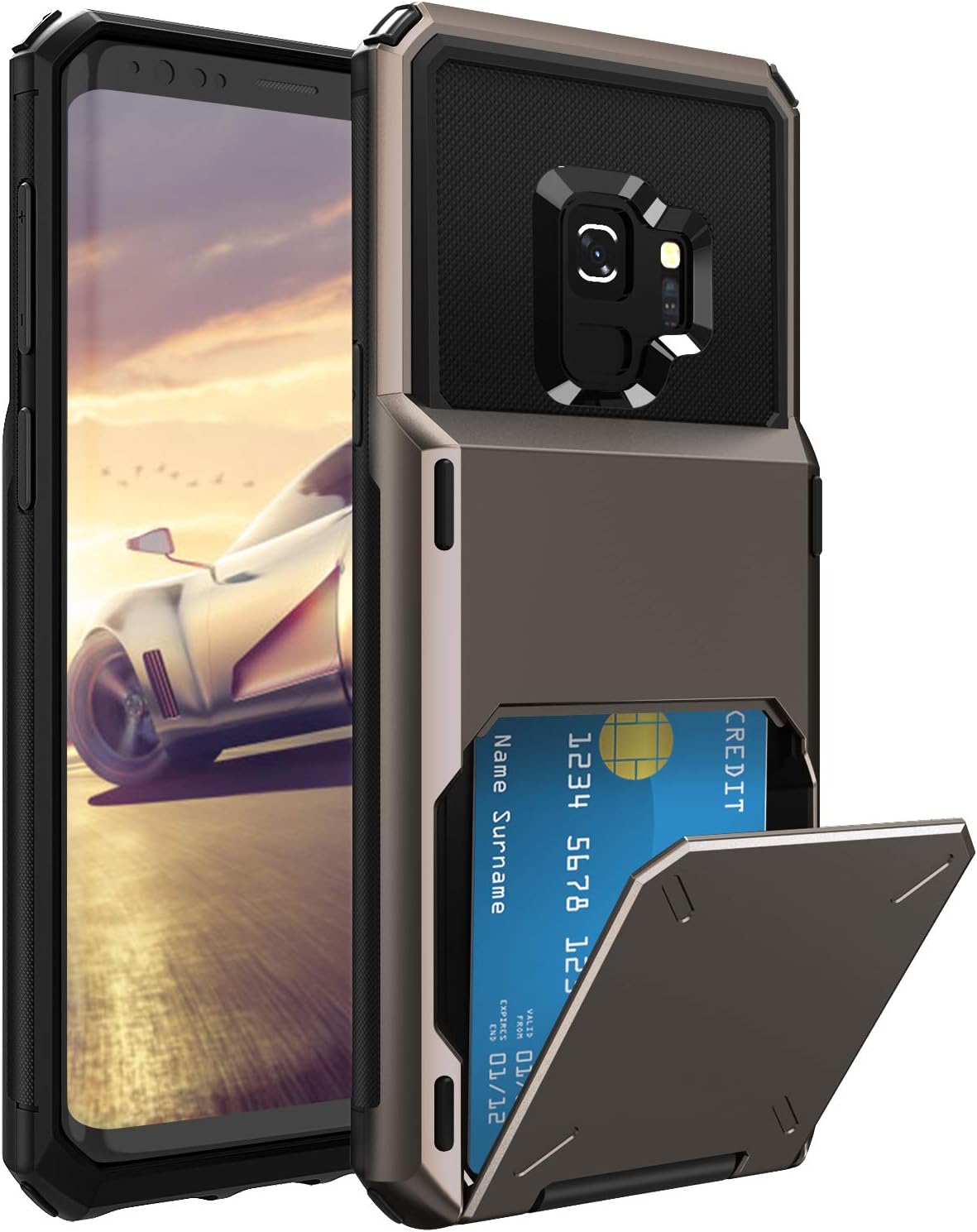 ELOVEN Wallet Card Series for Galaxy S9 Case with Card Slot Hidden Credit Card ID Cover Shock Absorption Heavy Duty Drop Protection Rugged Bumper Protective Cover for Samsung Galaxy S9,Gun Metal