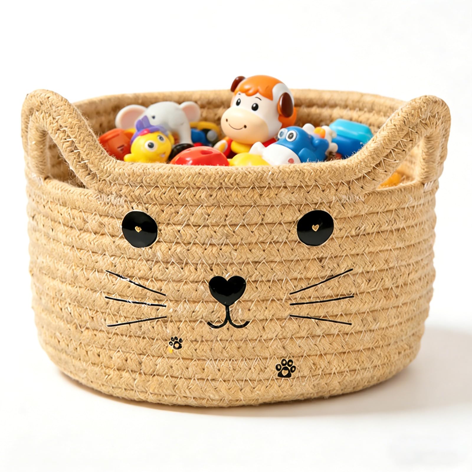 Cestas Almacenaje Pequeña, Cesta de Almacenamiento con forma de gato, Cestas Bebe de Cuerda de Algodón, aprox. 21 x 12 cm, para Guardar Toallas, Juguetes y Cosméticos (Color Caramel)