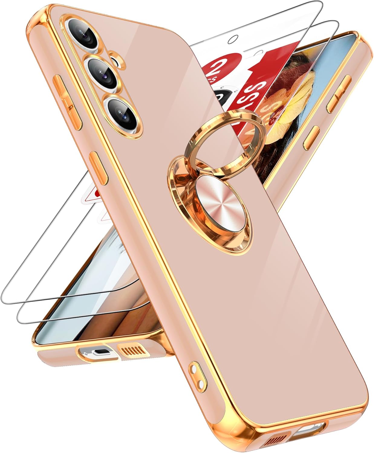 LeYi for Samsung S23 FE Case: with 2 Packs Tempered Glass Screen Protector, Gold Plated, Magnetic Car Mount, 360° Rotatable Ring Kickstand, Case for Samsung Galaxy S23 FE 5G/ S23FE/ S 23 FE, Pink