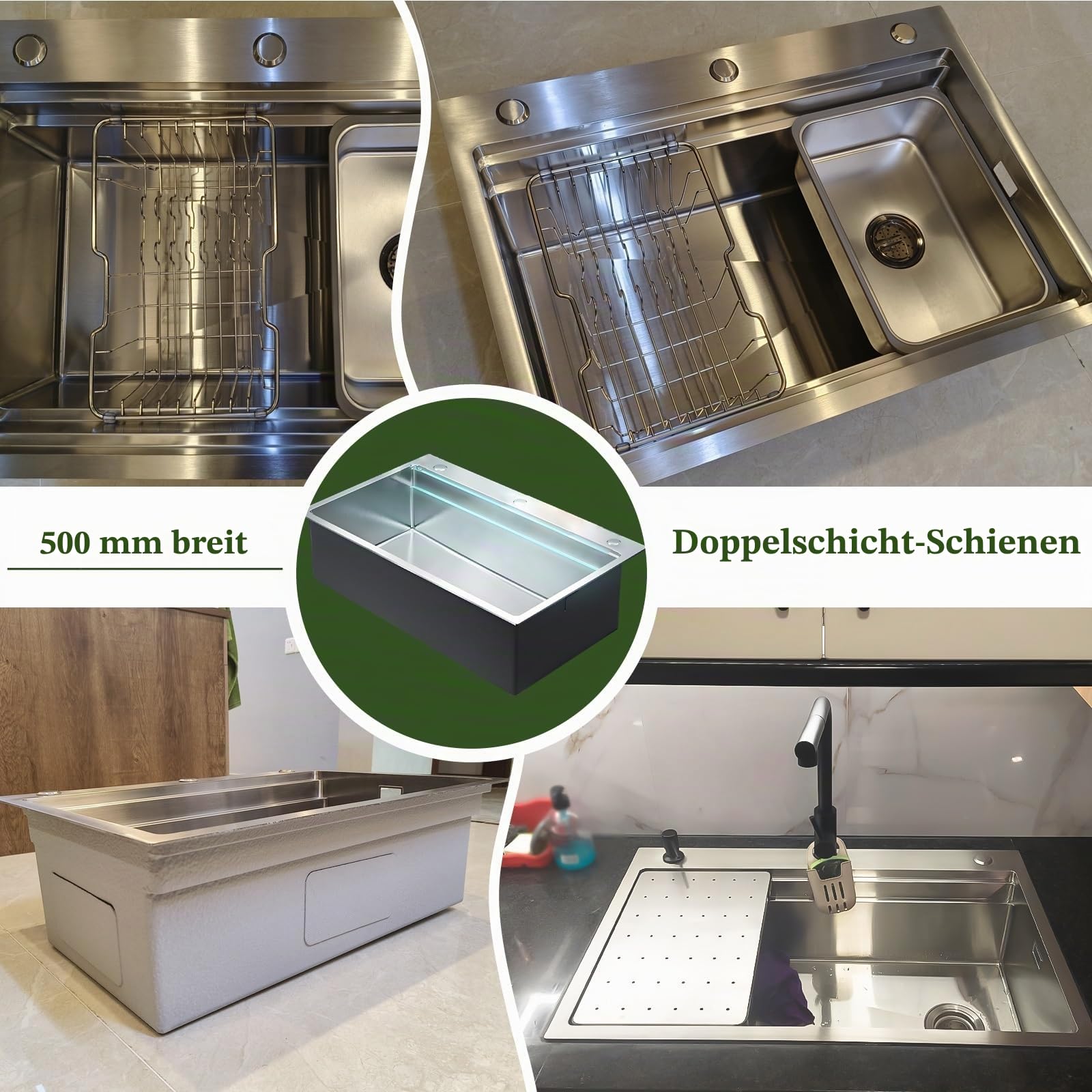 304 Edelstahl-Spüle, 1-Becken Einbauspüle, Gebürstete Küchenspüle, Großes Becken, 60x50cm Tiefe, Handgefertigt, Multifunktionales Spülbecken, Mit Siphon, Ablaufgarnitur