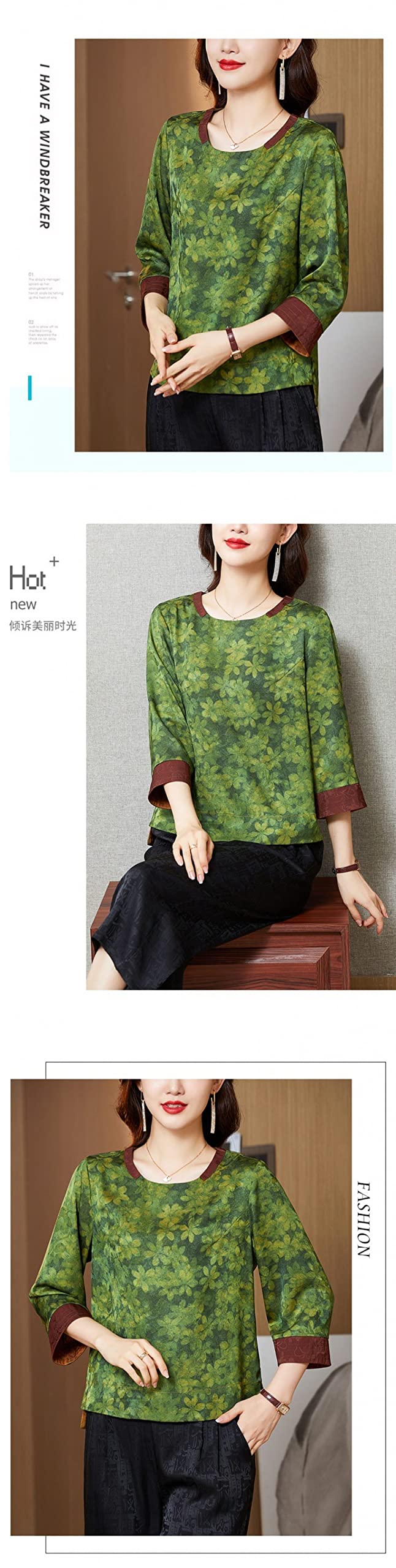 Damenkorsett Mit Langen Ärmeln,Damen Vintage Blumendruck Rundhals Oberteile Shirt Aprikose Satin Tunika Shirt Boho 3/4 Ärmel Chiffon Bluse Shirt Lässig Büro Business Bluse Für Mädchen Damen,Grün,X