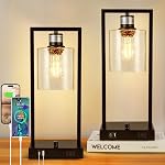 16" Desk Lamps for Home Office, Bedside Lamps with USB C+A Ports and Outlet, Black Fully Stepless Dimmable Industrial Table Lamps with Seeded Glass Shade for Reading Living Room, LED Bulbs Included
