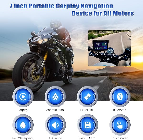 [2025] CAMECHO 7 Pulgadas Inalámbrico Moto Carplay Android Auto, IP67 Impermeable HD Pantalla Táctil GPS Display para Motos con Doble Bluetooth +EQ Airplay Android Cast Siri, G00gle Assistant - 2