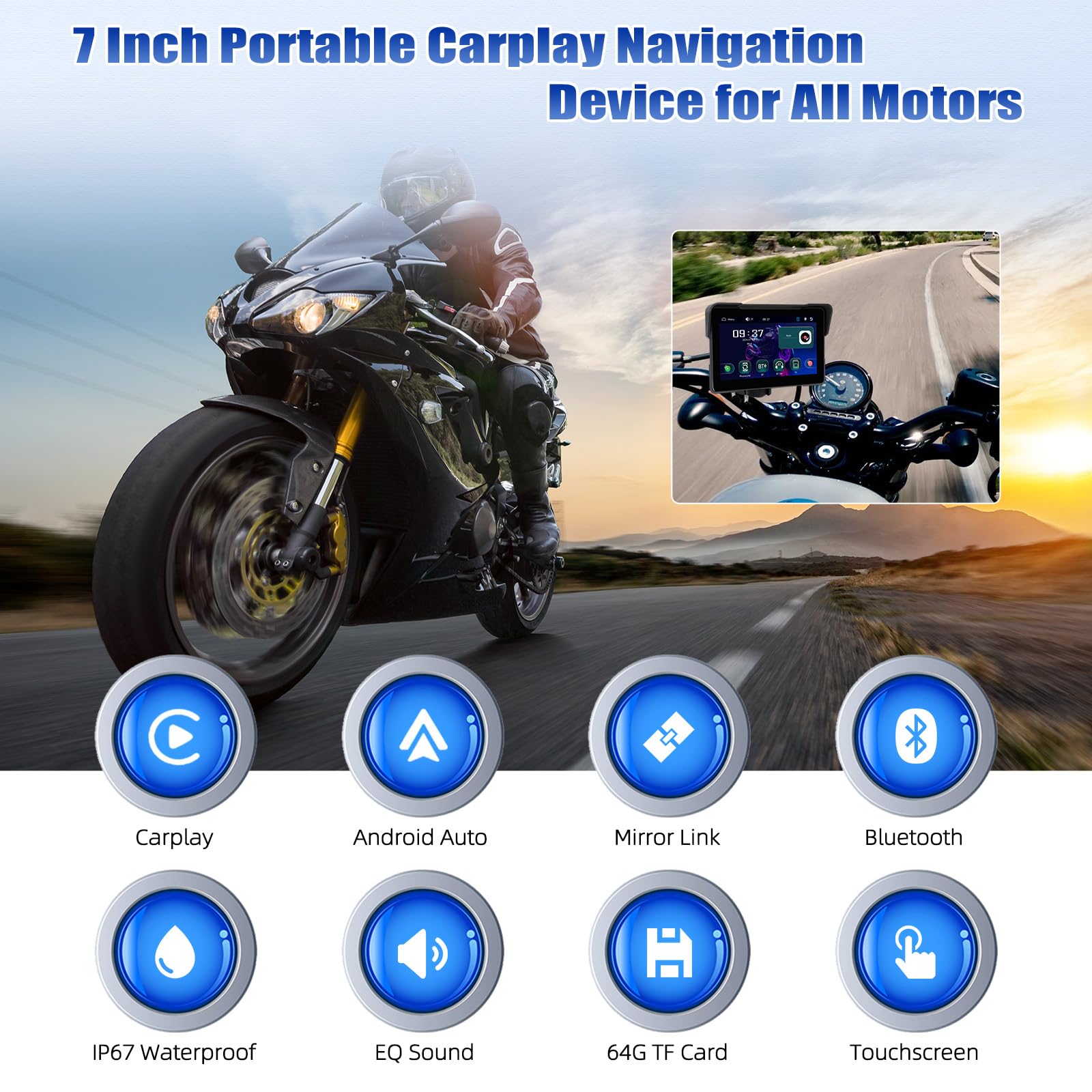 [2025] CAMECHO 7 Pulgadas Inalámbrico Moto Carplay Android Auto, IP67 Impermeable HD Pantalla Táctil GPS Display para Motos con Doble Bluetooth +EQ Airplay Android Cast Siri, G00gle Assistant - 2