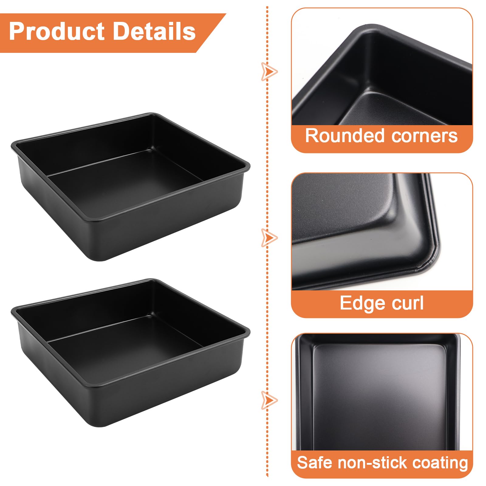 Lot de 2 plats à gratin carrés, en acier au carbone, rectangulaires, avec revêtement anti-adhésif, pour lasagnes, gâteaux à brownie, 19 x 19 x 5 cm