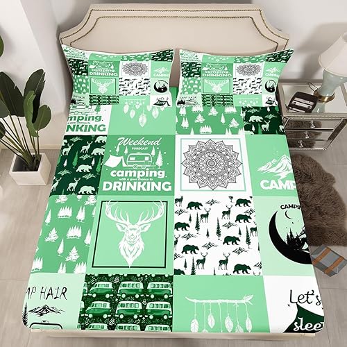 Manfei Sábana bajera ajustable de camping para caravana, tamaño matrimonial, funda de cama con 2 fundas de almohada, juego de ropa de cama de