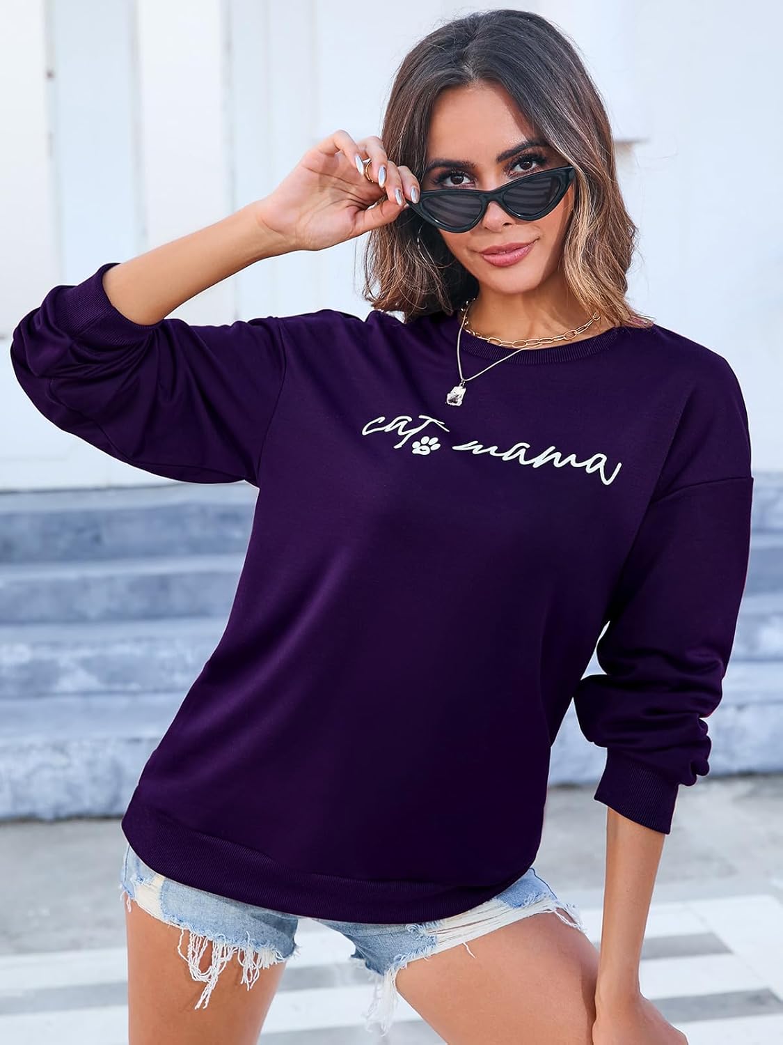 Women's Crewneck Sweatshirts Loose Fit Cat Mom Long Sleeve Shirts Funny Fall Pullover Sweatshirt Blouse - Image 5