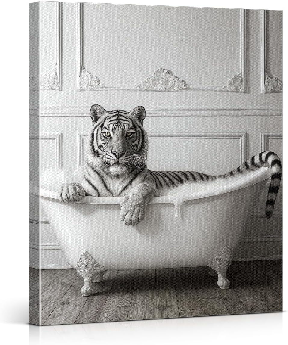 Funny Tiger Bathroom Wall Art Print Black and White Tiger Poster Picture Funny Animal Wall Decor for Bathroom 8x10 Canvas Framed
