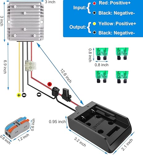 Miniatura 5 de Convertidor de corriente CC y adaptador de rueda de alimentación con fusible e interruptor para batería Dewalt de 20 V, CC descendente de 20 V a 12