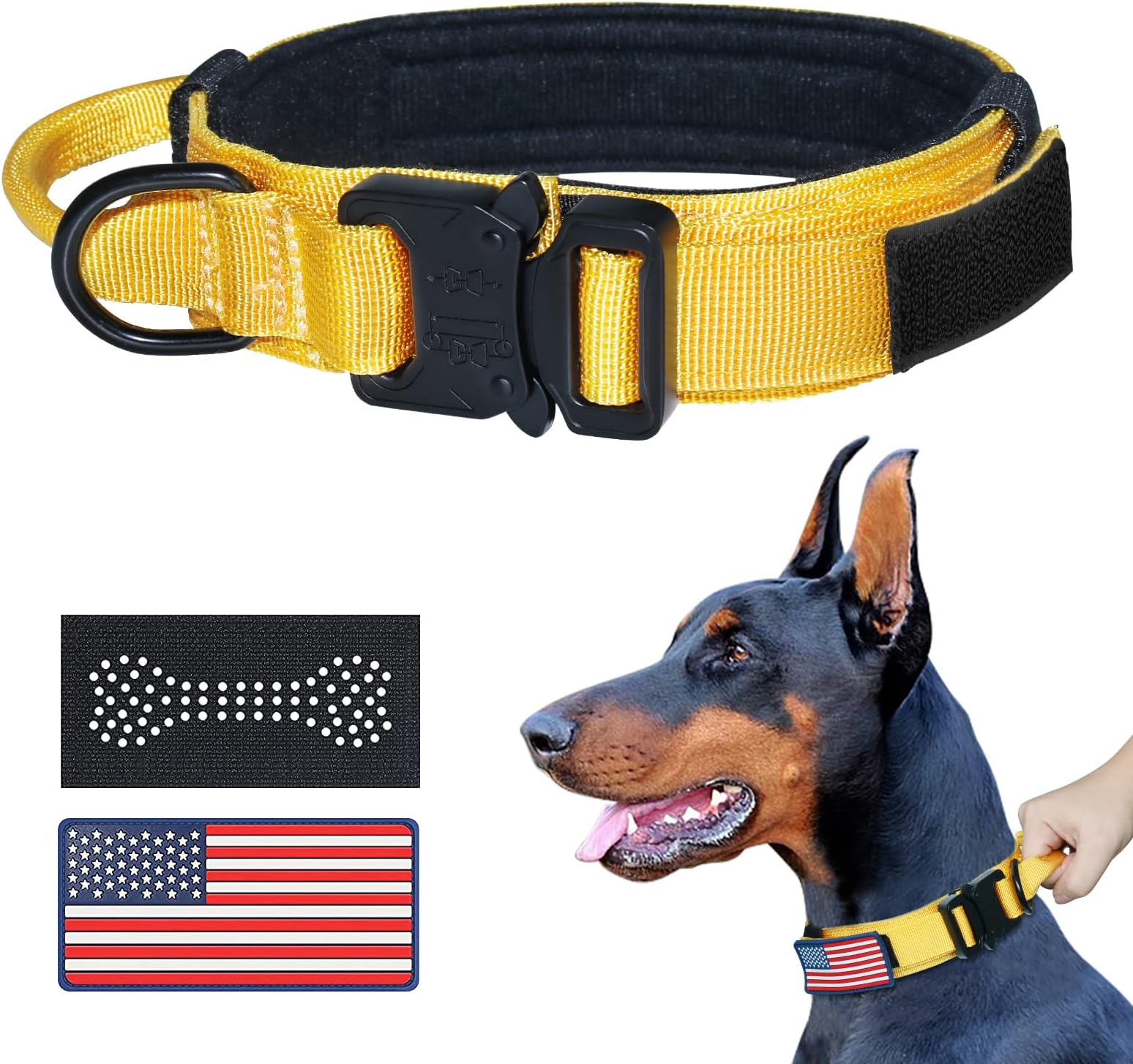 Tactical Dog Collar - Heavy-Duty Dog Collar for Small Medium Large Dogs, Adjustable Military Collar with Handle, Nylon Dog Collars with Metal Buckle Great for Dubin, Two Patches Include
