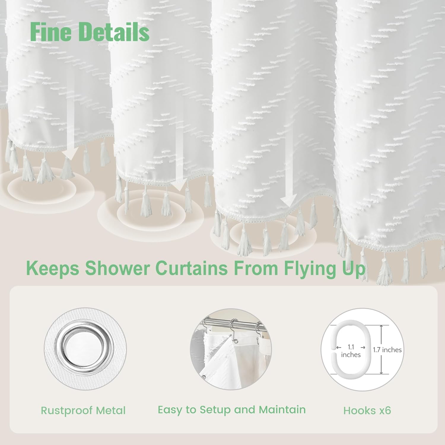 Dynamene Boho Shower Curtain and Liner Set, Tufted Chevron Textured Tassel Shower Curtains for Bathroom and Waterproof Liner with Hook, 36" W x 72" L (Pack of 1), White 1