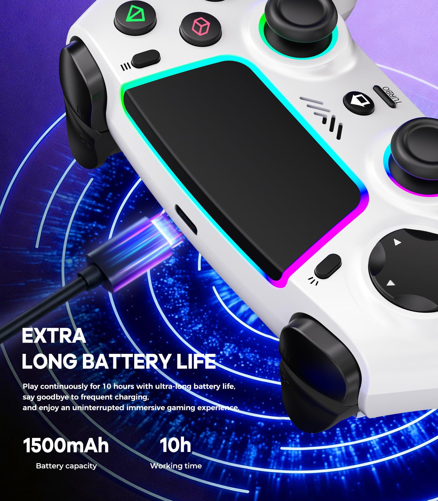SFGSUP Wireless Controller for PS5/PC/MAC/iOS/Android/Steam Deck, With Hall Effect Joystick&Trigger/8 RGB Lighting/Turbo/Dual Vibration/Programmable/Headset Jack/Touchpad/1500 mAh Battery, White&Black - 4