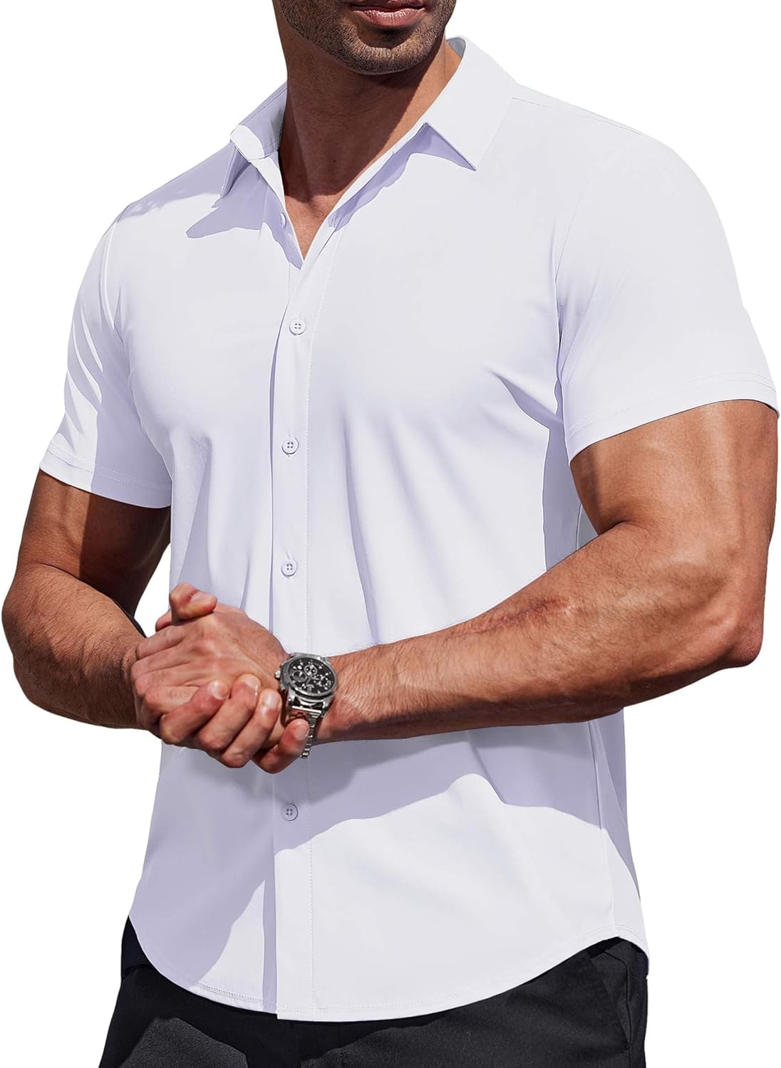 COOFANDY Mens Muscle Fit Dress Shirts Stretch Wrinkle Free Short Sleeve Button Down Shirt Casual Solid Untucked Shirt