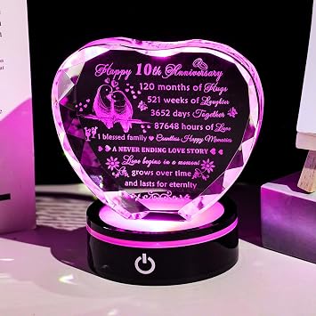 YWHL 10th Wedding Anniversary Crystal Heart Gifts for Couples with LED Base, Laser Engraved Happy 10th Anniversary Keepsake Gifts for Wife Husband, Romantic 10 Years of Marriage Gift for Her Him