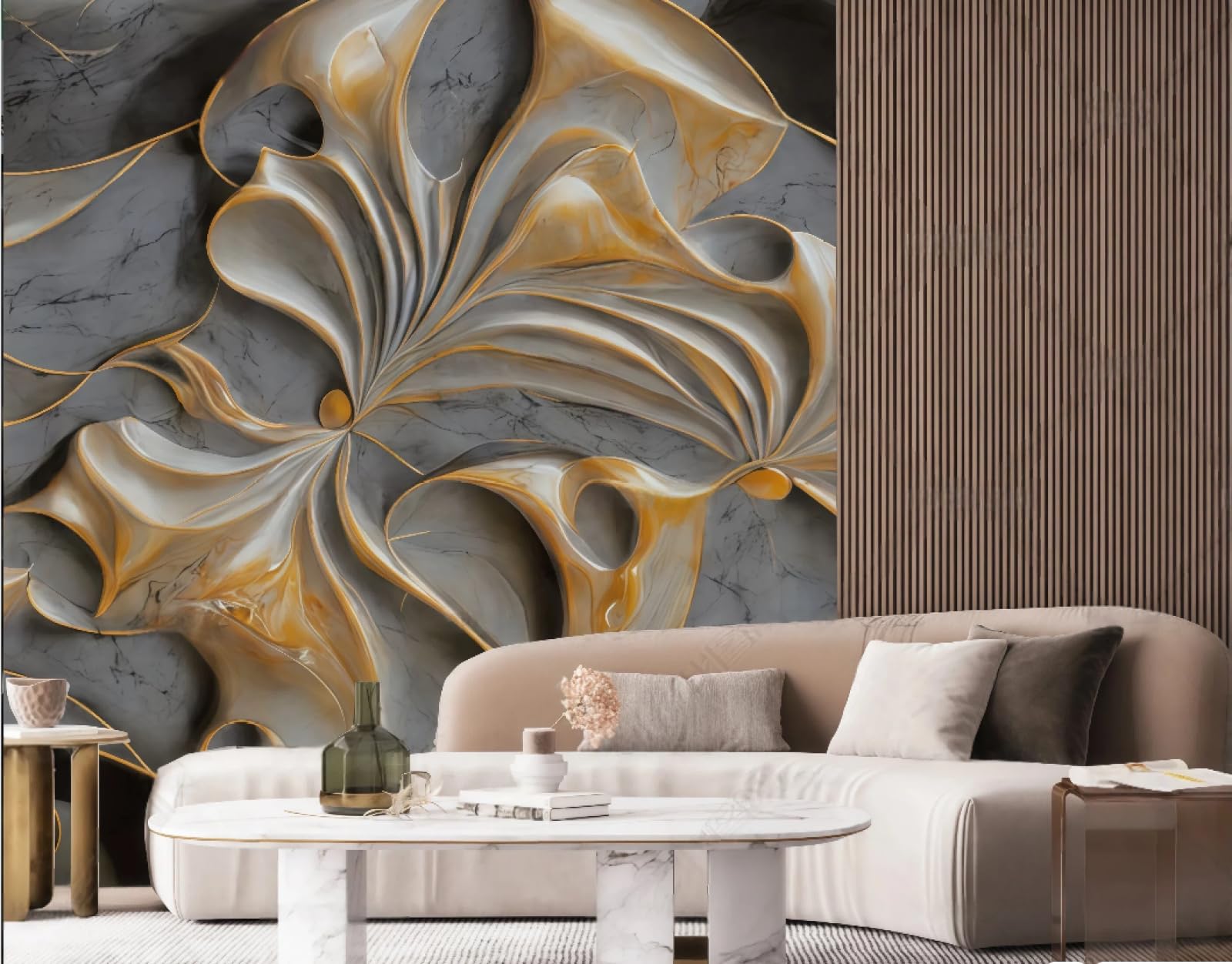 Tapeta nowoczesna minimalistyczna abstrakcyjna miedź kolor relief rzeźba kwiat marmurowy wzór TV sofa tło tapeta ścienna salon restauracja kawiarnia mural, 3D, 150 x 105 cm