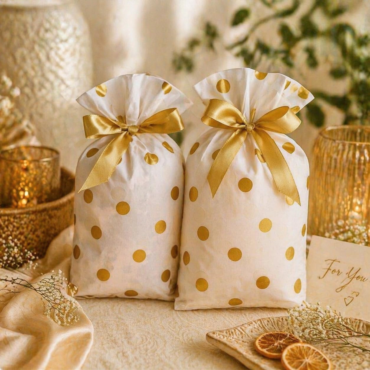 SATYAM KRAFT 20 Pcs Polka dot Gift Pouches for Birthday Return Gift Box - Potli, Goodie bag - Gift Pouches for chocolates, Dry fruits, Party Favors, Wedding,Anniversary and Festive Packing (Golden)-image-30
