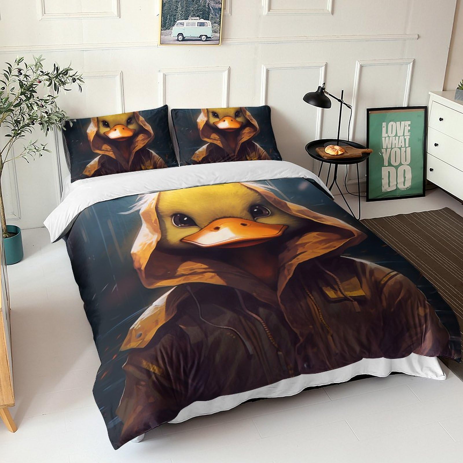 Parure de lit canard jaune anime 3D pour lit King avec taies d'oreiller microfibre