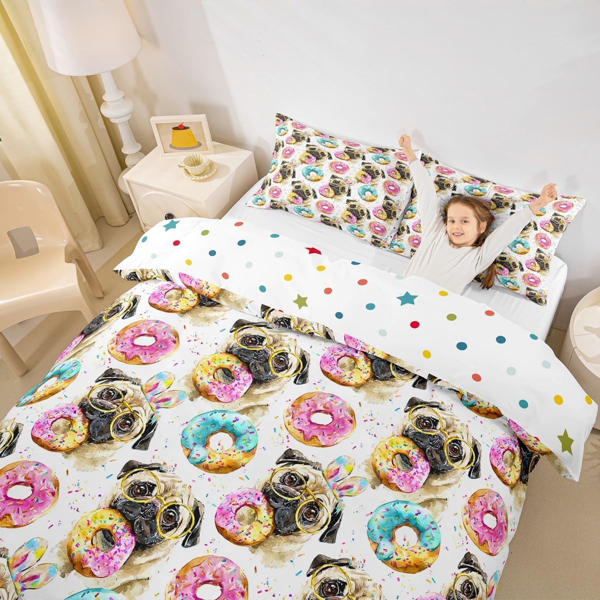 Erosebridal Dog Bedding Set, Dessert Donuts Duvet Cover for Kids Boys Girls Cute Puppy Comforter Cover Full Size Lovely Pug Animal Confetti Bedspread Cover 3 Pcs with 2 Pillow Cases