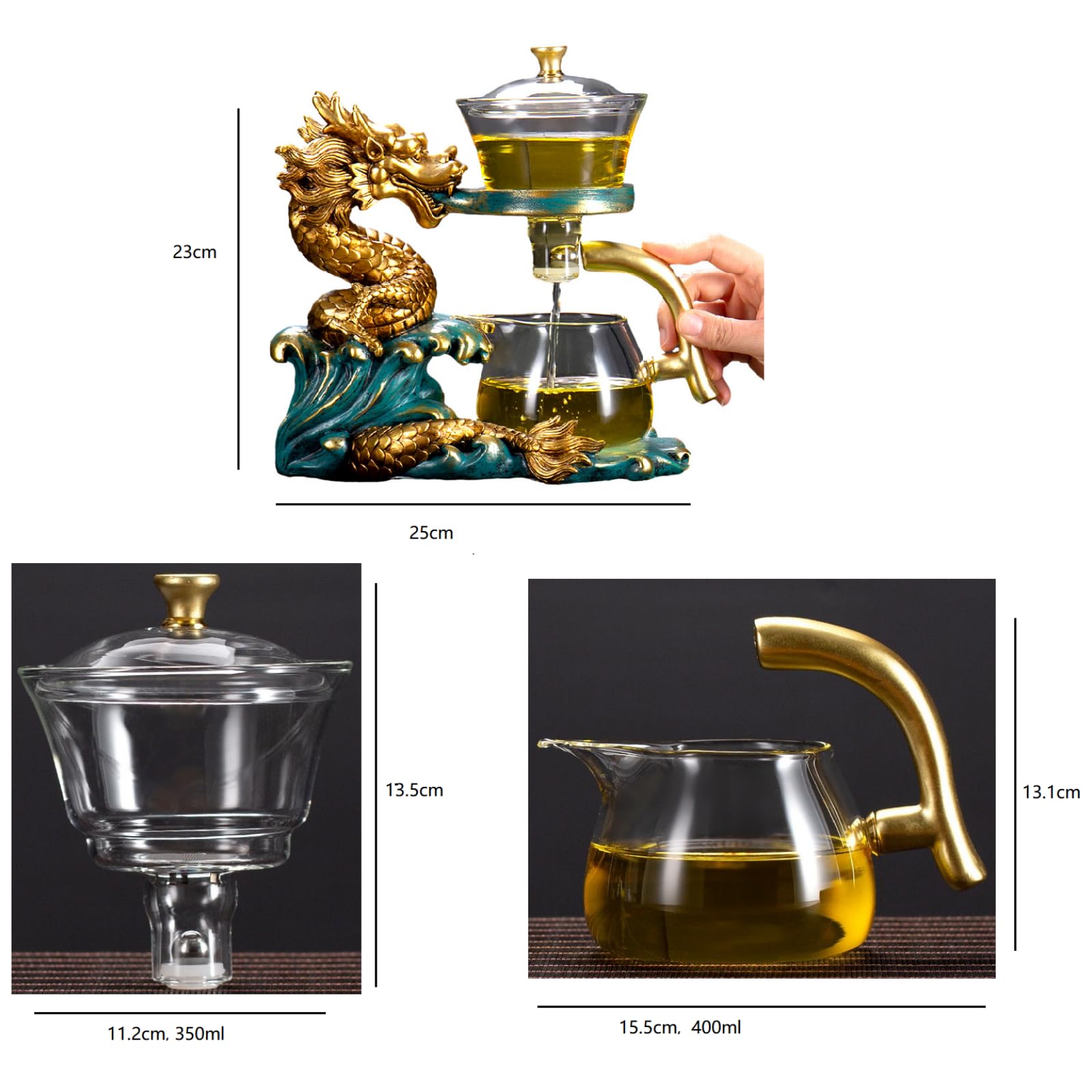 Glas-Teekannen-Set, Teebereiter mit Teesieb, halbautomatisch, tropfende Abdeckung, Schüssel, Lazy Tea Set (Drache, Teekannenset)