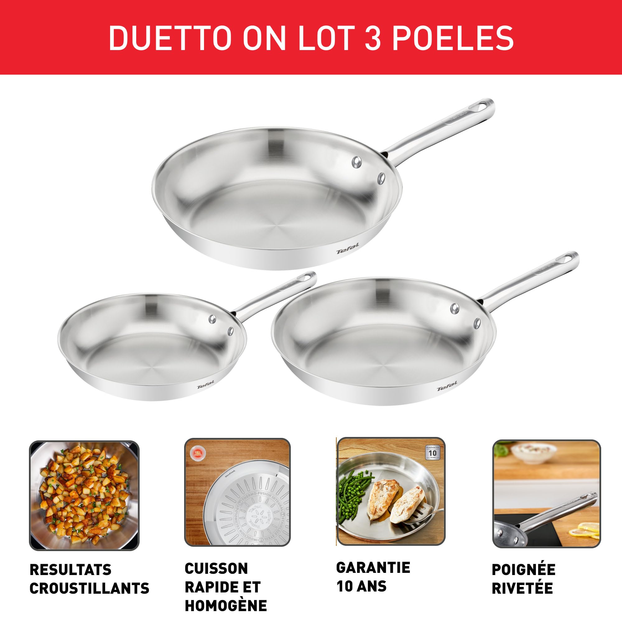 Tefal Duetto On, Batterie de 3poêles 20/24/28cm, Inox de qualité supérieure, Garantie de 10ans, Résultats croustillants,
