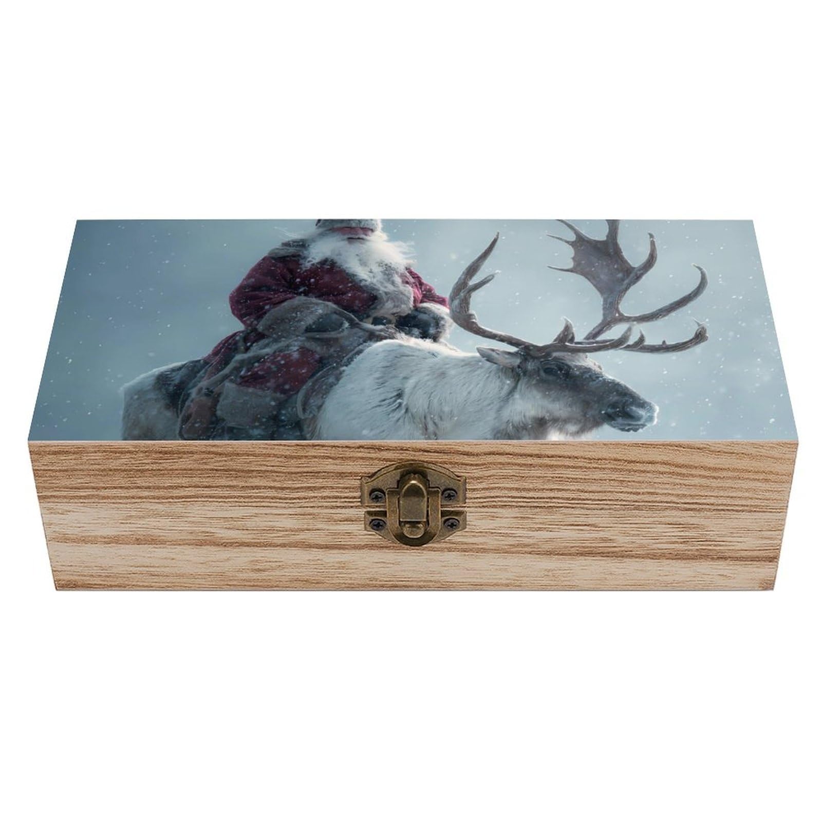 HLBSDM Christmas Santa Riding Deer Wooden Box with Hinged Lid Decorative Storage Case Container