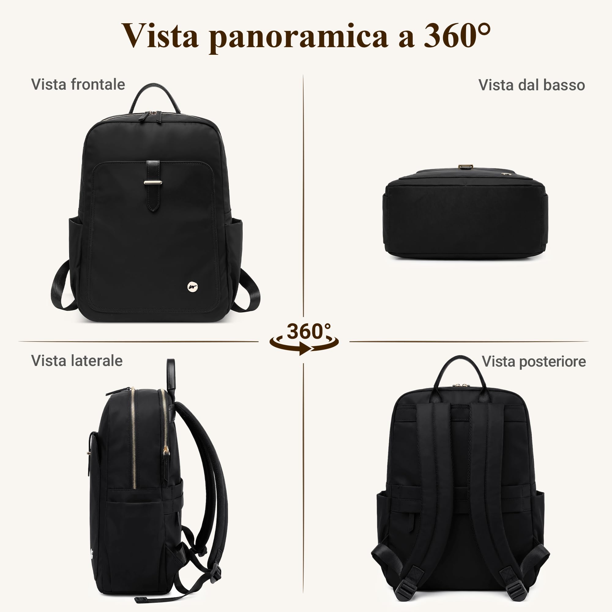 Zaino Semplice Donna Elegante Zaino Antifurto per 15,6 Pollici Laptop con Maniglia Borsa del College Casuale Viaggio Vacanza Quotidiano Impermeabile Nylon Donna Borse da Scuola Nero